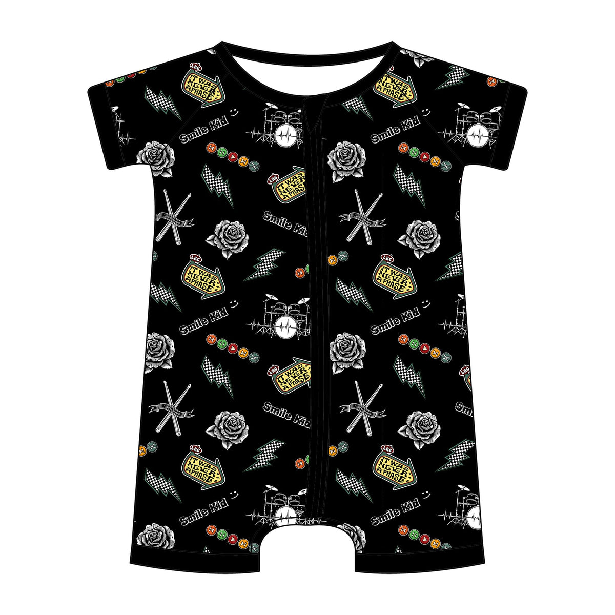 lay flat of emo nights pattern short sleeve zip up pajamas for kids
