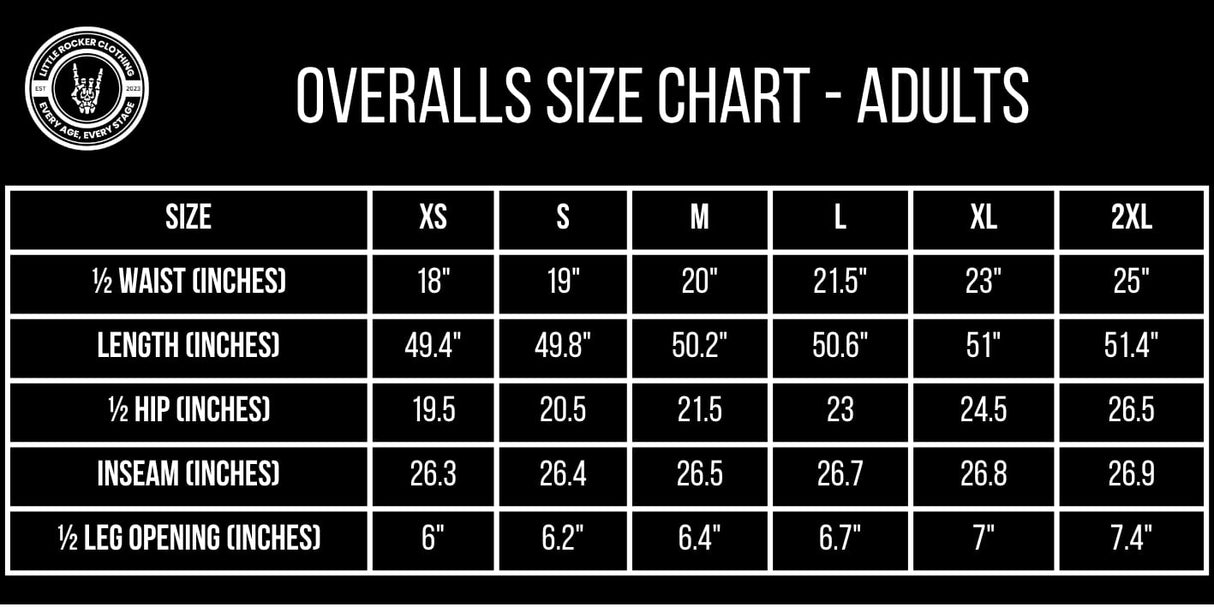 Adult overalls size chart little rocker clothing