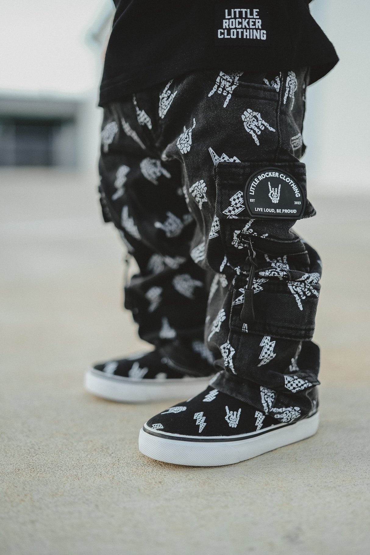 young boy black baggy denim jeans with lightening bolts from little rocker clothing