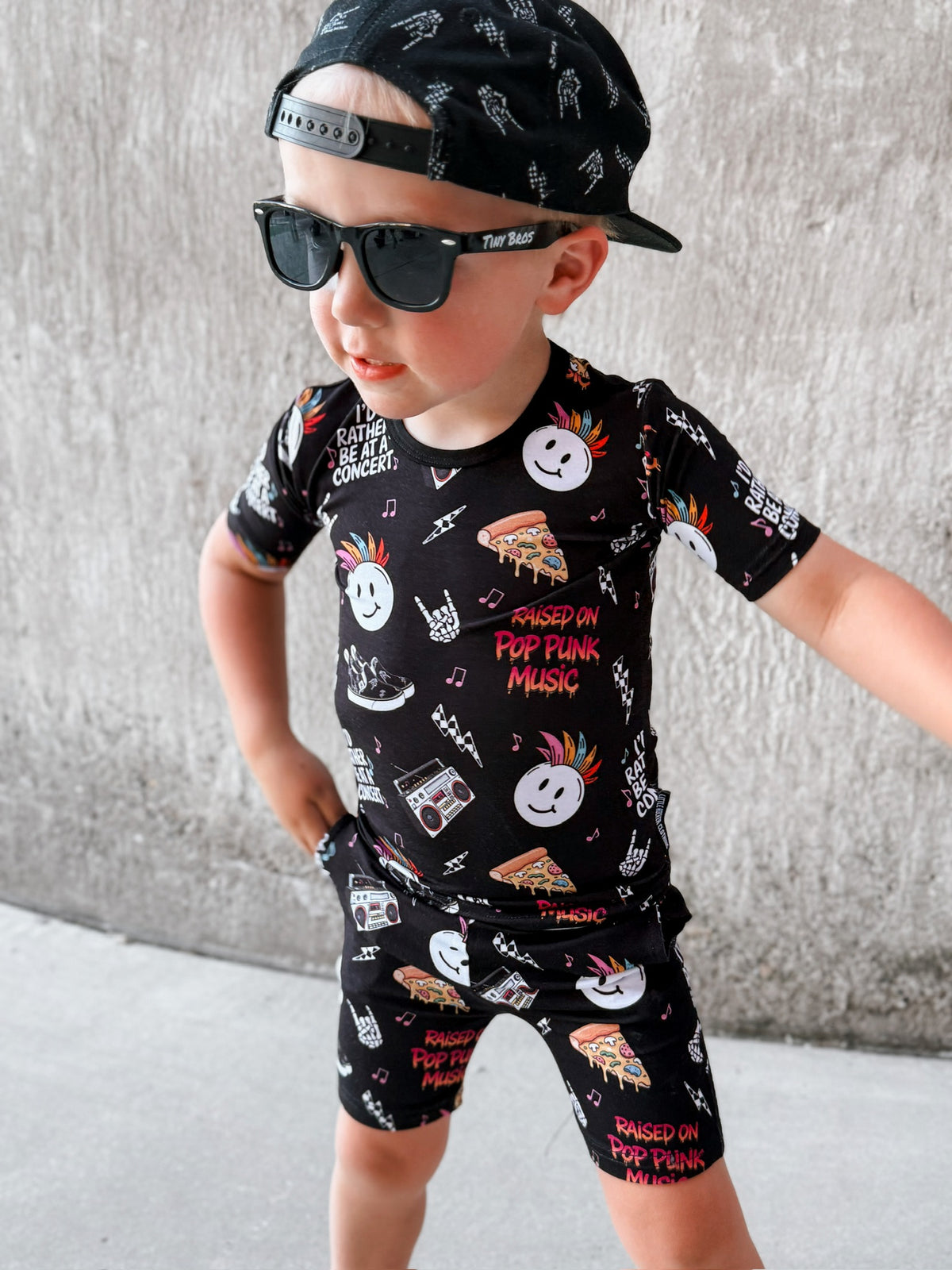 pop punk collage pattern 2 piece short bamboo pajamas for kids