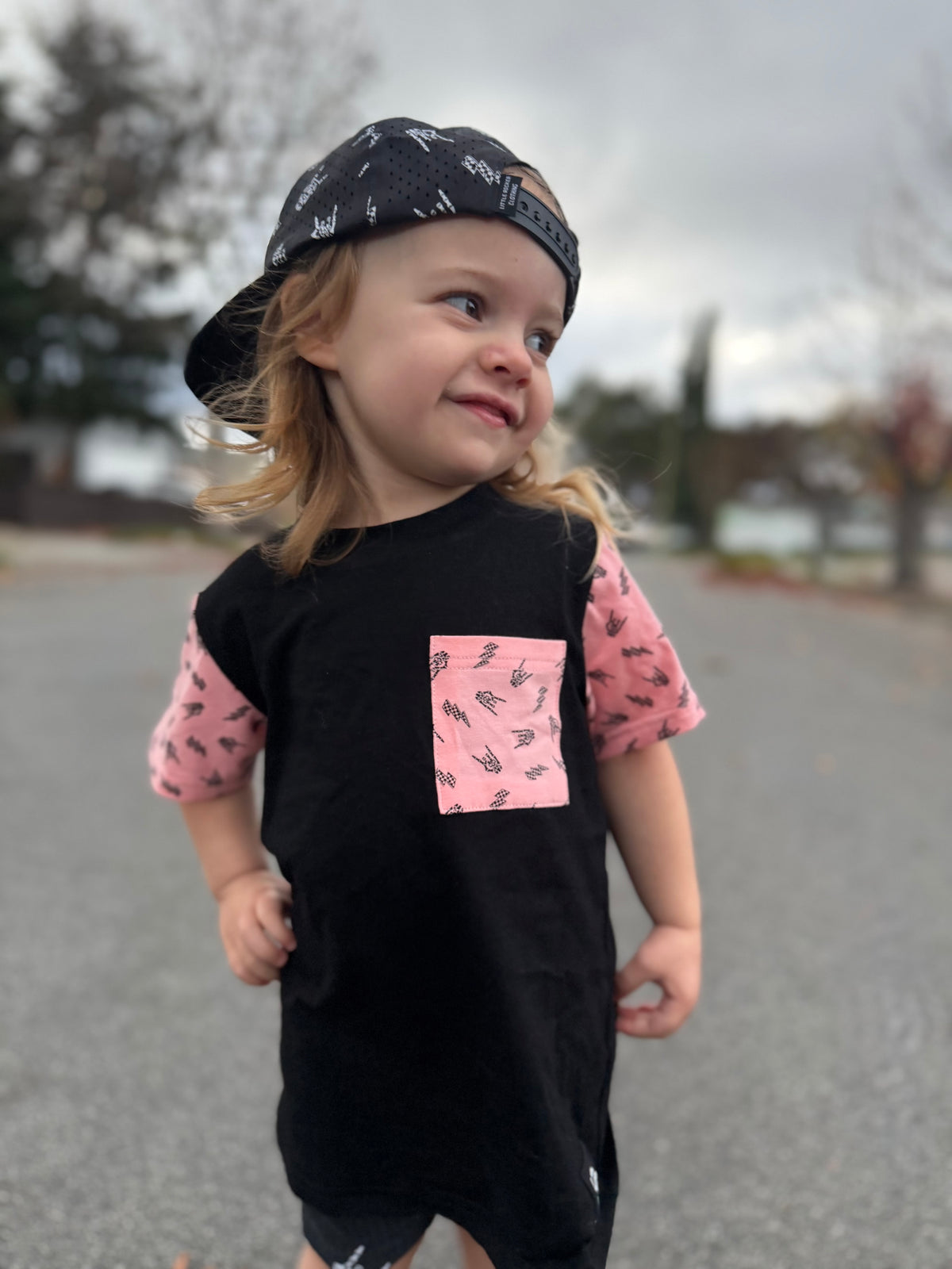 Kids streetwear tshirt the pink bolted bones pocket tee, a rocker style kids tee with soft comfortable fit, available from kids 6mo to 10/12