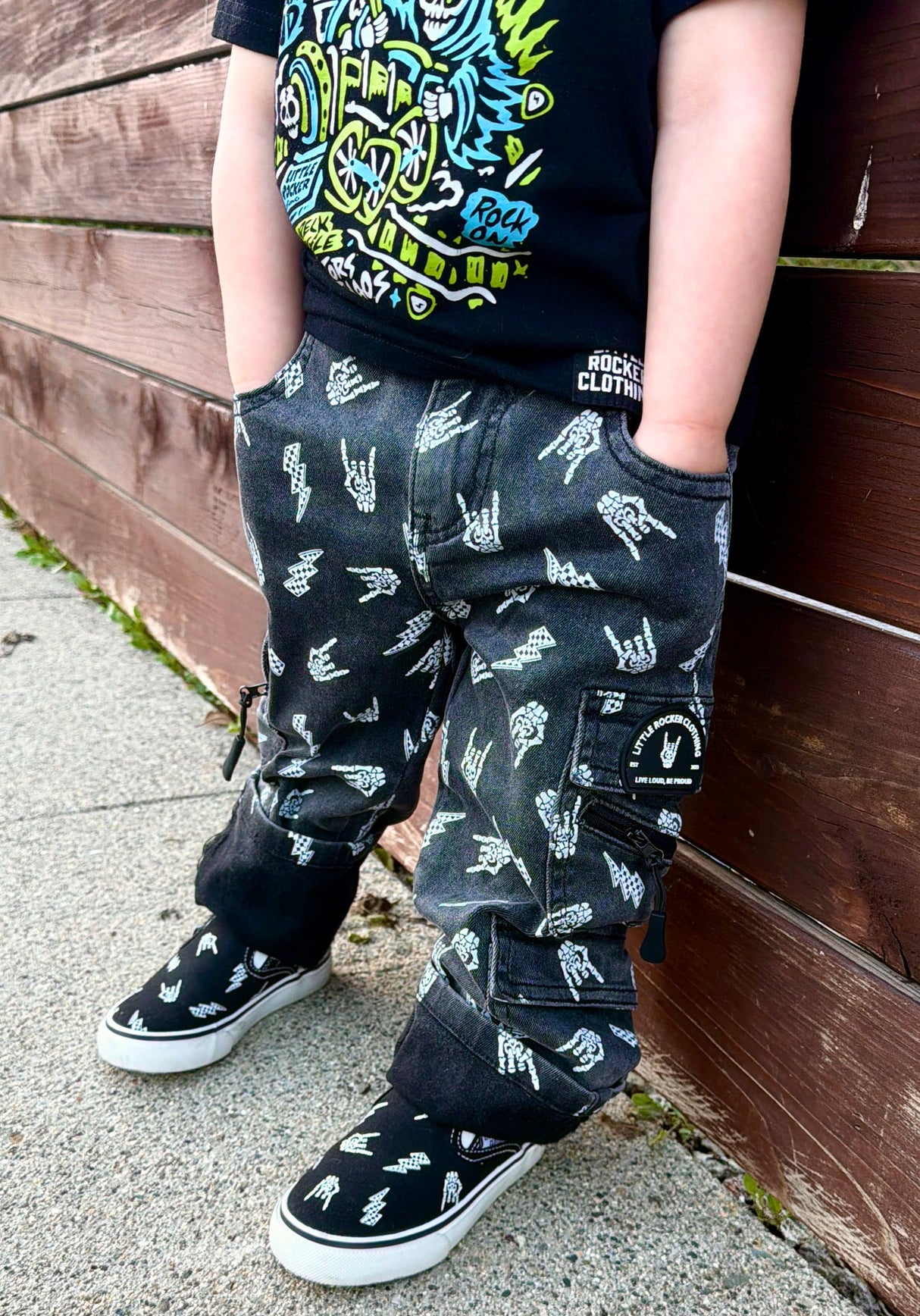 black washed baggy jeans for kids with skull print from Little Rocker Clothing alternative kids clothing and streetwear style