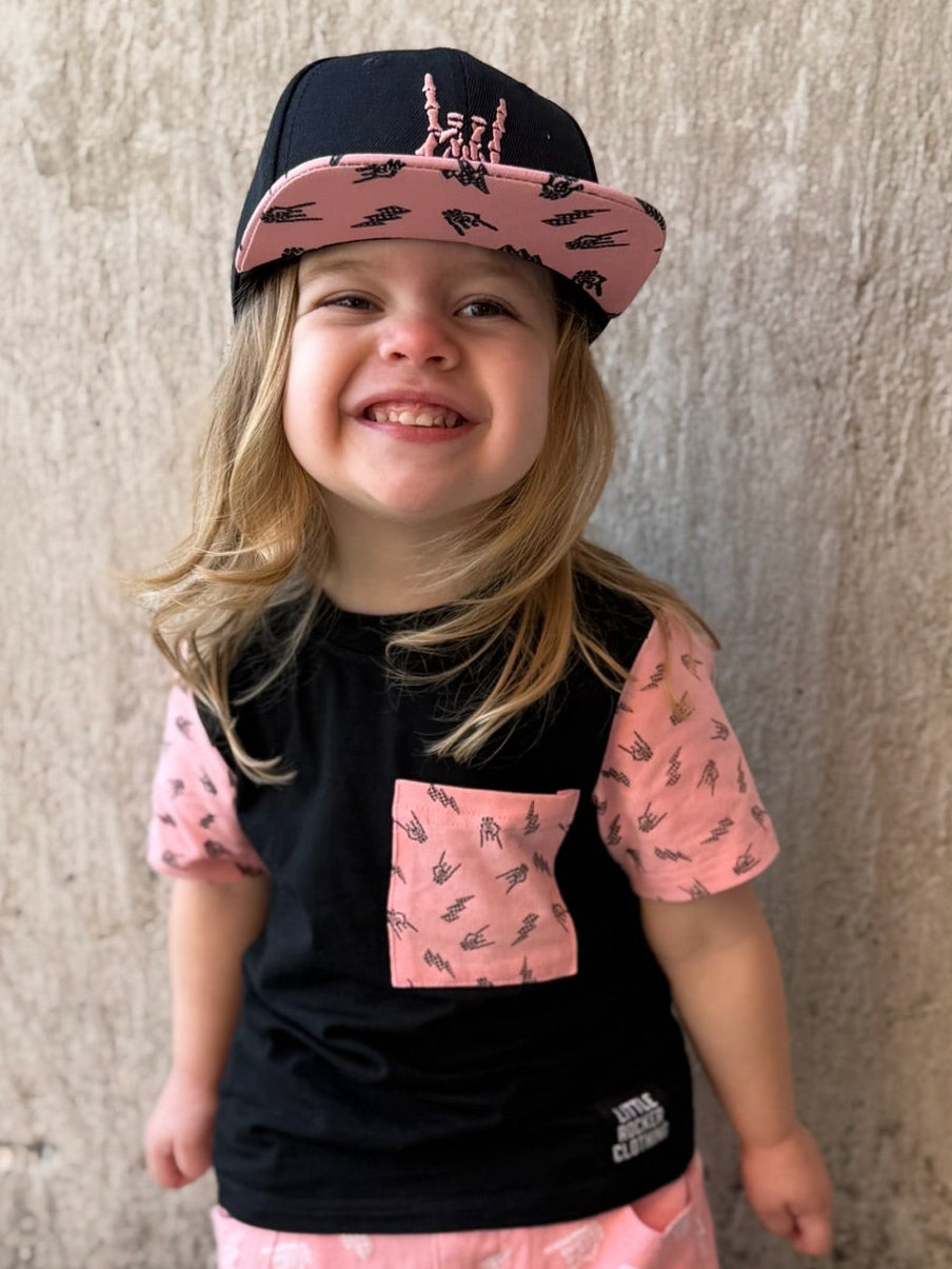 Little rocker clothing kids streetwear tshirt the pink bolted bones pocket tee, a rocker style kids tee with soft comfortable fit, available from kids 6mo to 10/12
