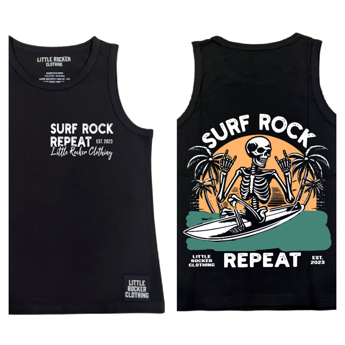 lay flat of black Little Rocker Clothing tank top with skeleton surfing graphic and “Surf Rock Repeat” design