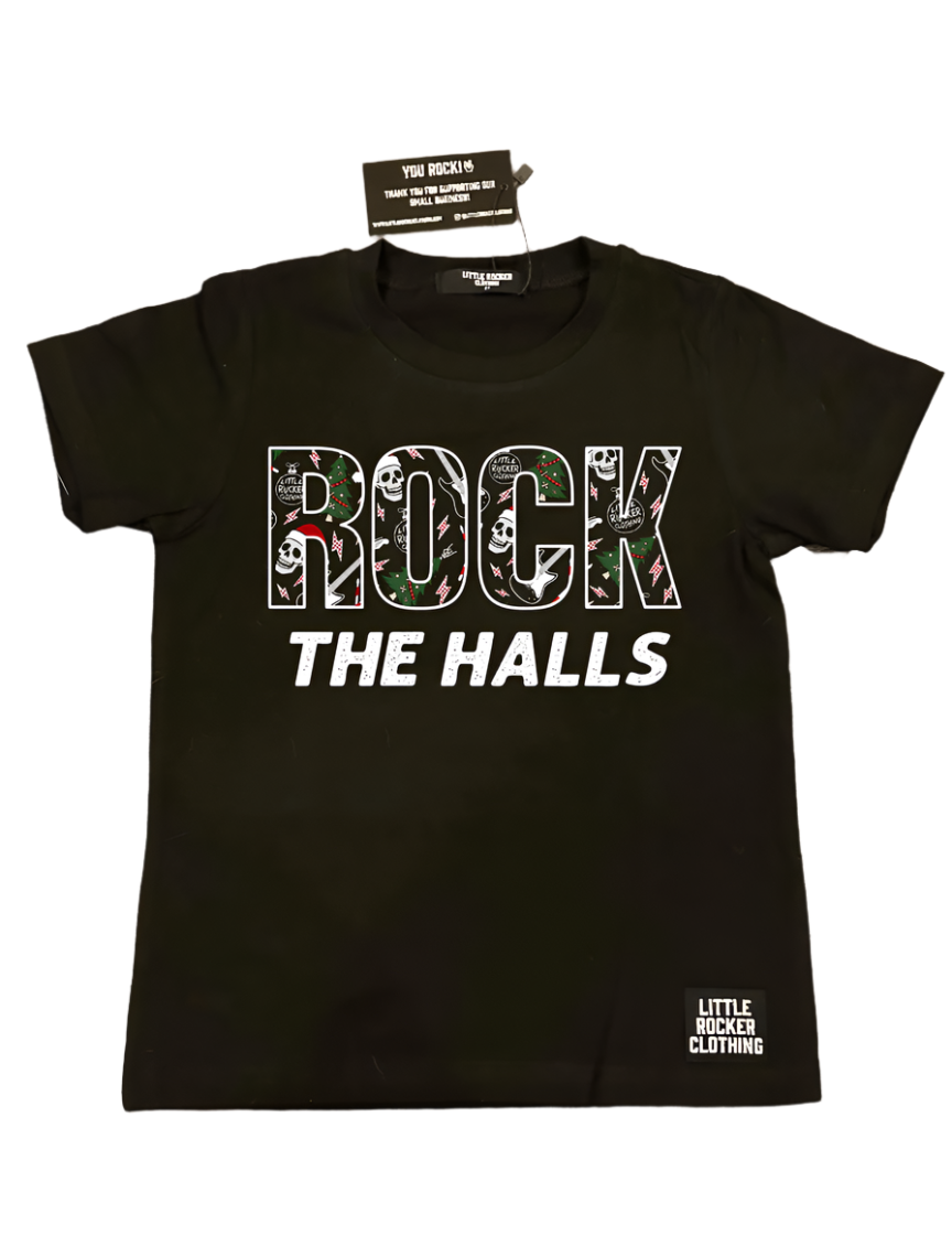 lay flat of rock the halls christmas theme black tshirt from little rocker clothing