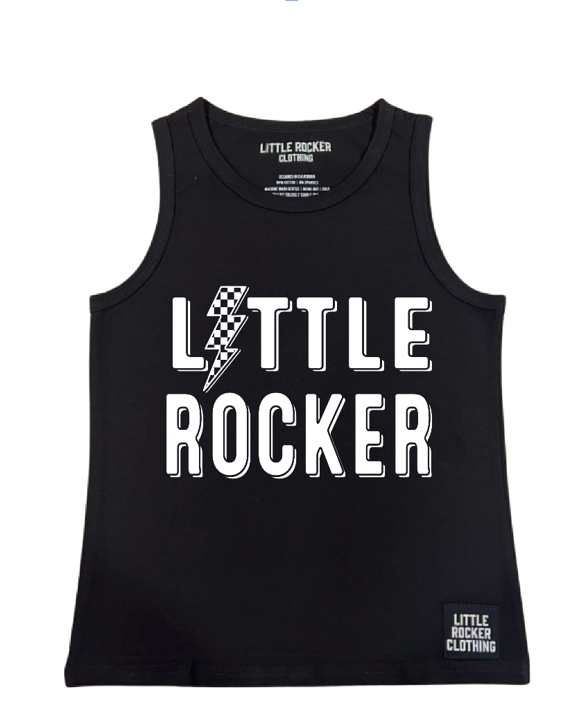 kids black rocker vibe tank top with checkered lightening bolt