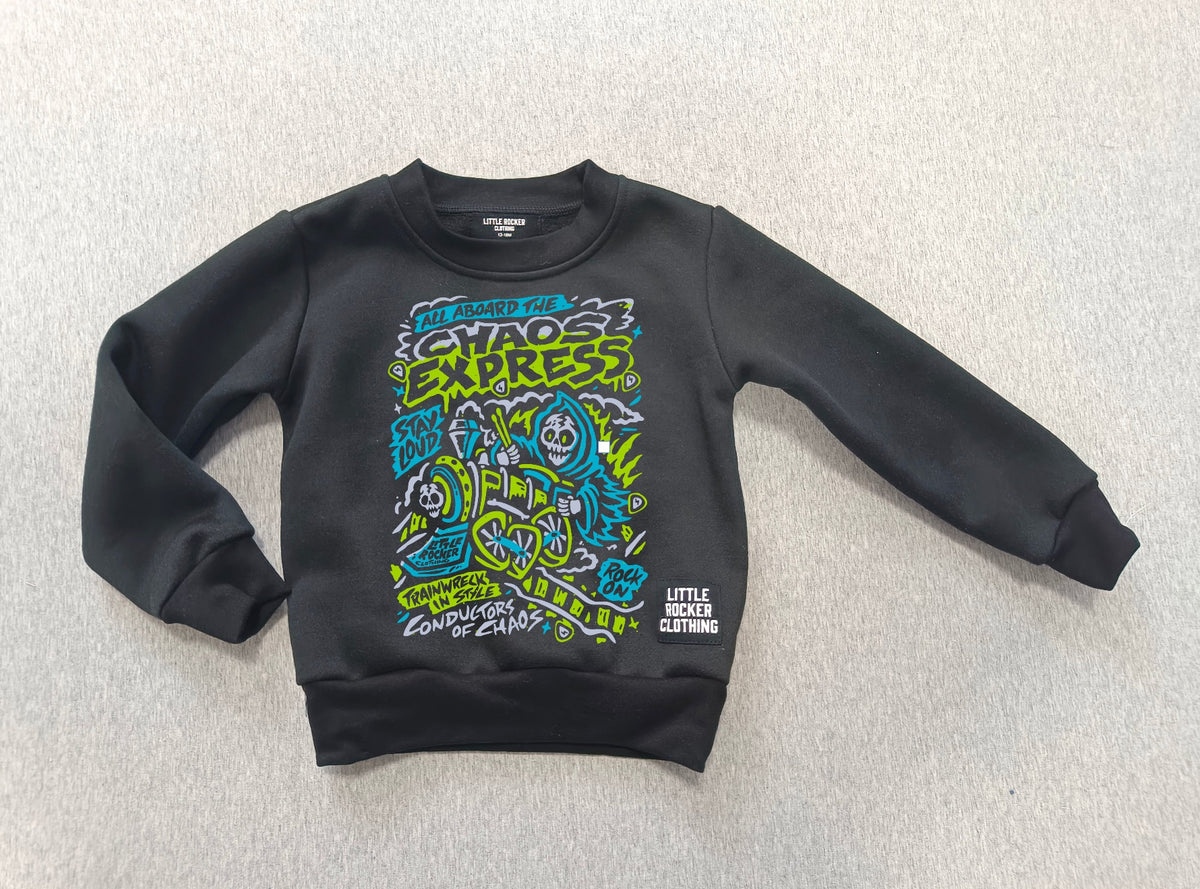 Layflat of the Kids black Scene Sampler crew neck sweatshirt featuring pop punk, emo, and alt rock graphic with train illustration, rocker style kids apparel