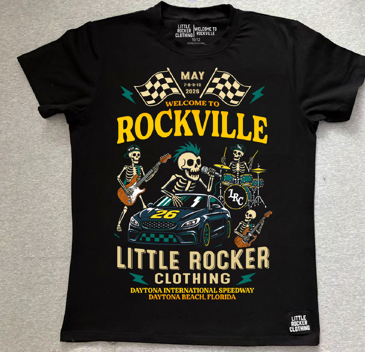 Lay flat of the official welcome to rockville kids graphic tee collaboration, rock festival band style t shirt for kids, black rocker tee with bold music design, little rocker clothing festival apparel