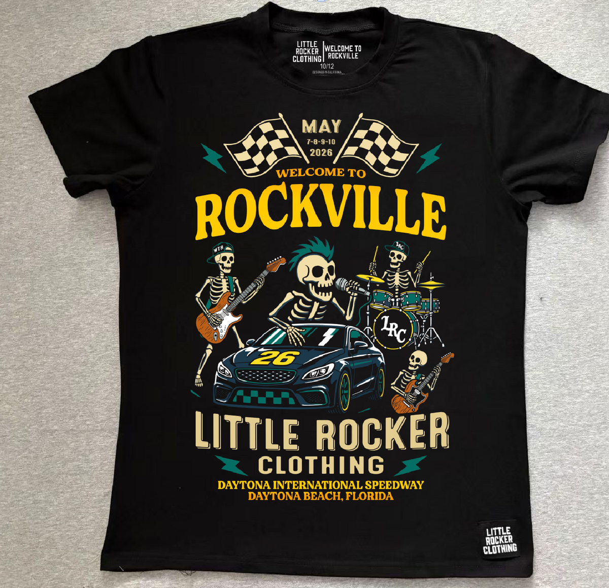Lay flat of the official welcome to rockville kids graphic tee collaboration, rock festival band style t shirt for kids, black rocker tee with bold music design, little rocker clothing festival apparel