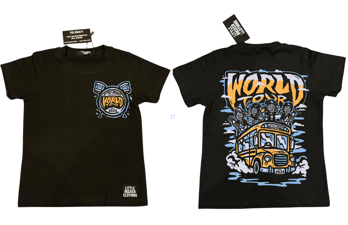 Little Rocker Clothing world tour shirt featuring tour bus graphic and rockstar design, rocker inspired kids graphic tee with soft comfortable fit, oversized style available in sizes 0-3 month to 10/12