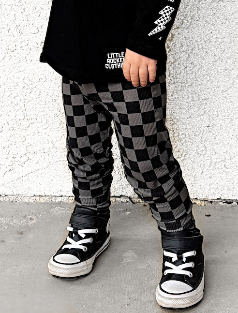 close up of checkered pattern leggings from little rocker clothing for kids