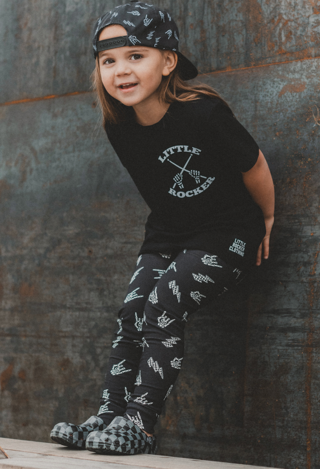 black kids graphic t-shirt , little rocker clothing rock style outfit for toddlers and kids with bolted bones black leggings
