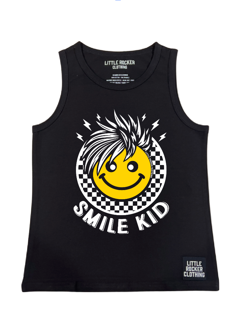 emo inspired black tank top with a checkered smiley face
