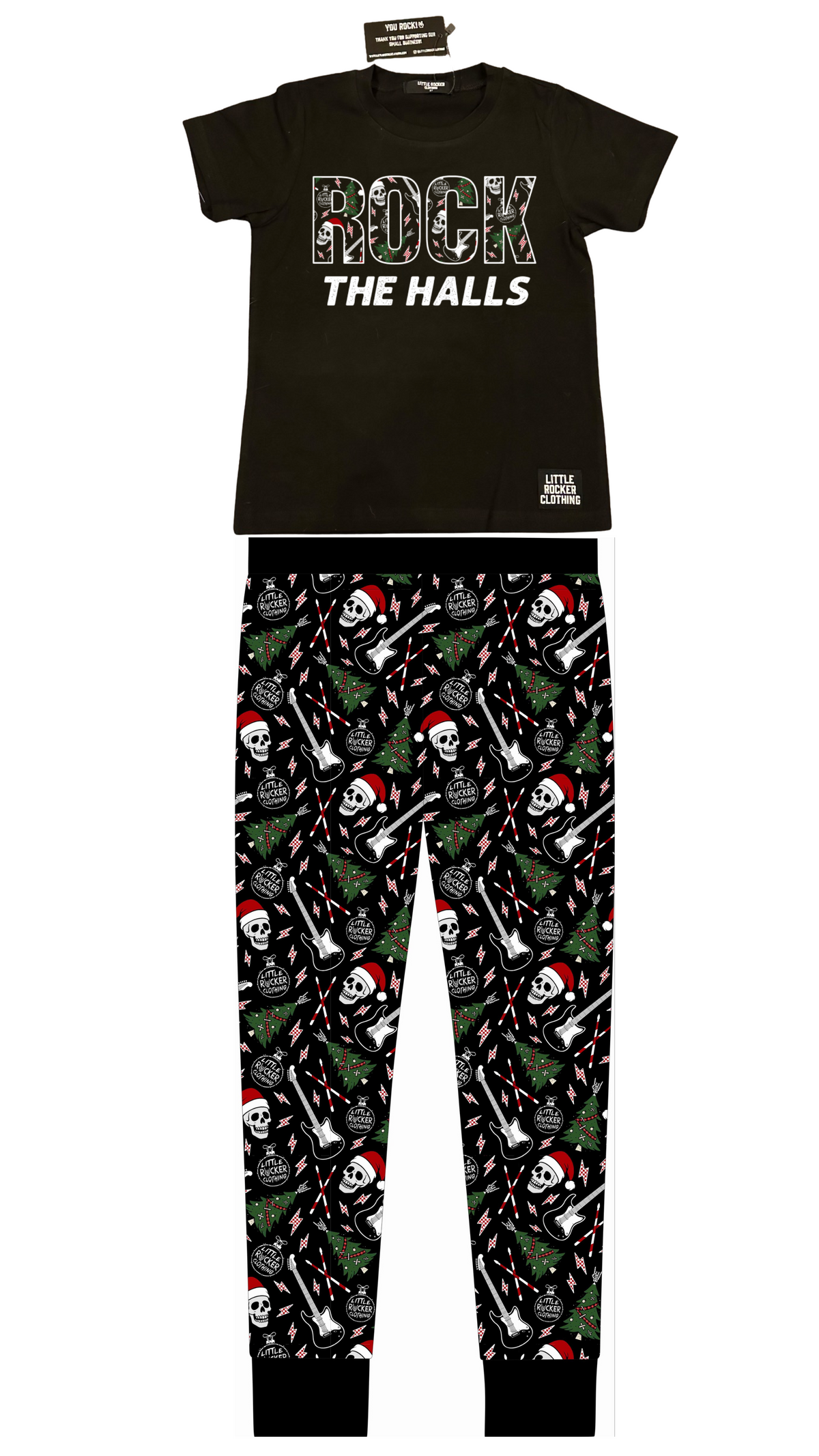 layflat of rock the halls christmas theme black tshirt and matching joggers from little rocker clothing