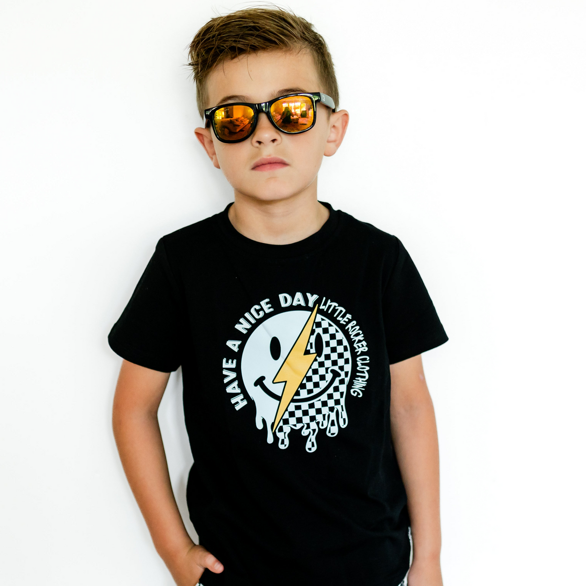 black kids graphic t-shirt with have a nice day, little rocker clothing rock style outfit for toddlers and kids