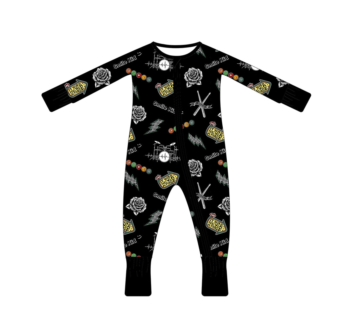 lay flat of emo nights pattern long sleeve zip up pajamas for kids