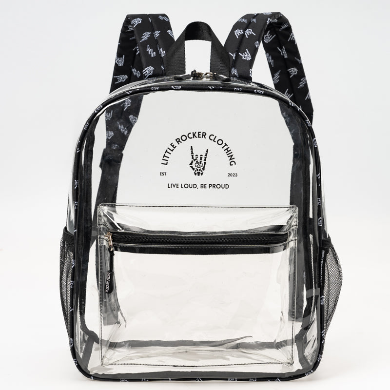 Little Rocker Clothing clear festival approved backpack with spacious main compartment and interior pockets, transparent stadium compliant bag with adjustable straps, edgy functional accessory for concerts and events