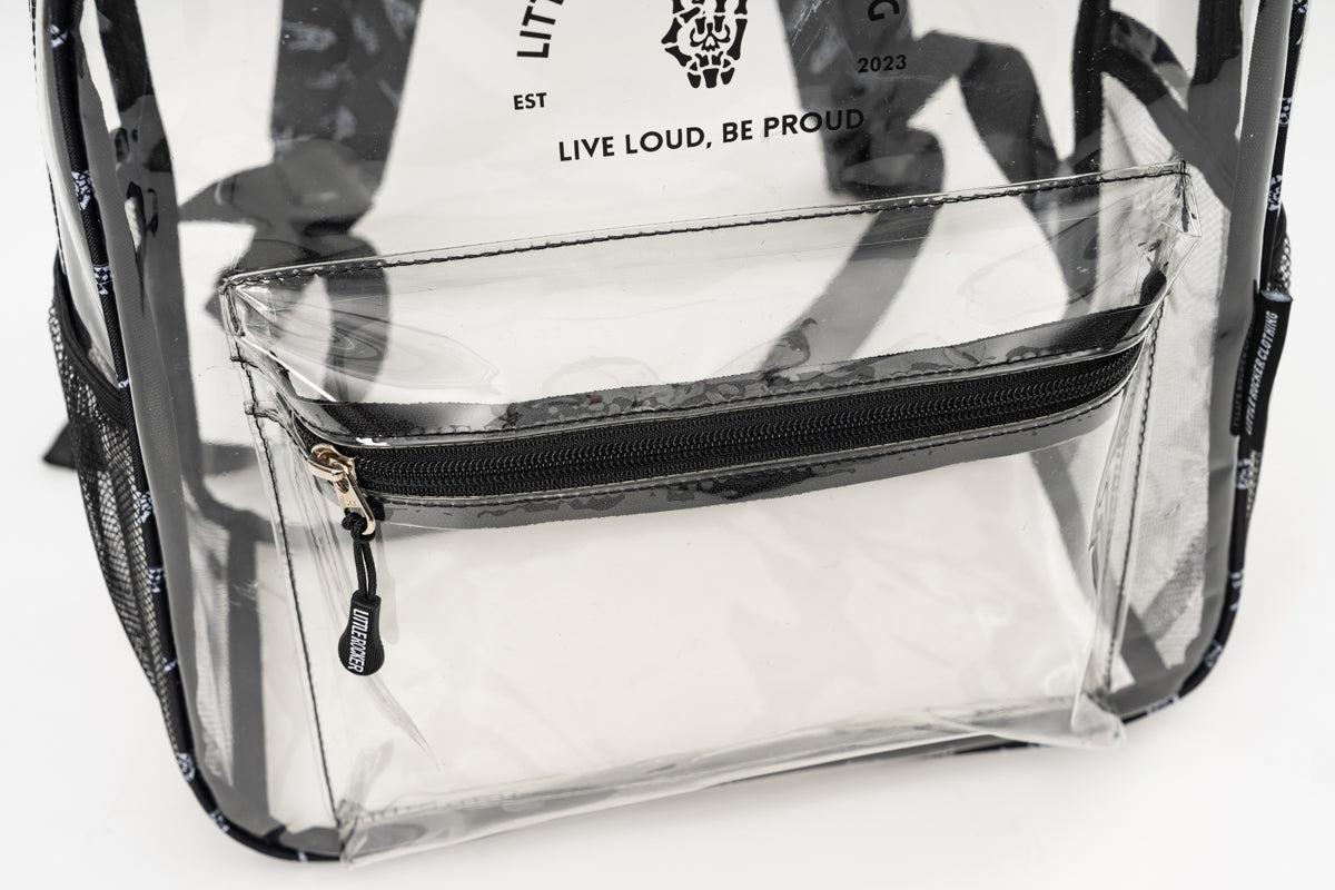 Clear festival approved backpack with spacious main compartment and interior pockets, transparent stadium compliant bag with adjustable straps, edgy functional accessory for concerts and events