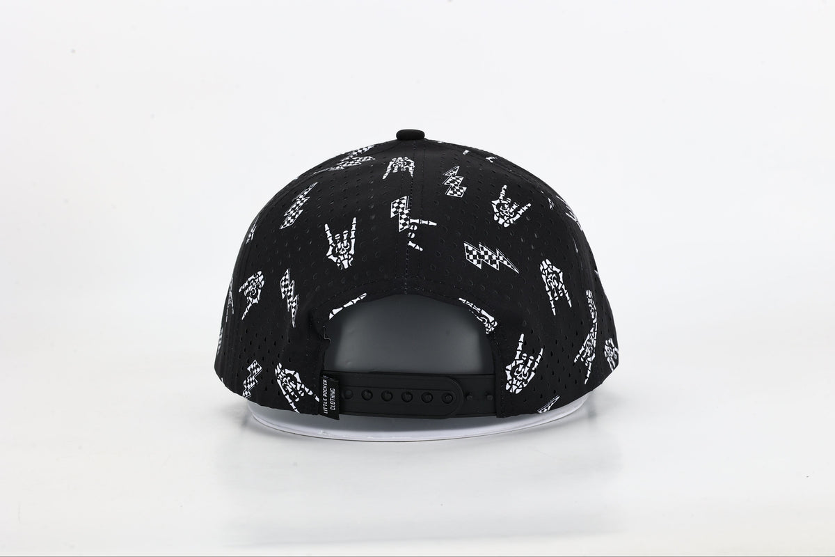 back side of black snapback hat with allover bolted bones lightning bolt and rock hand print little rocker clothing patch flat brim adjustable cap for kids and adults