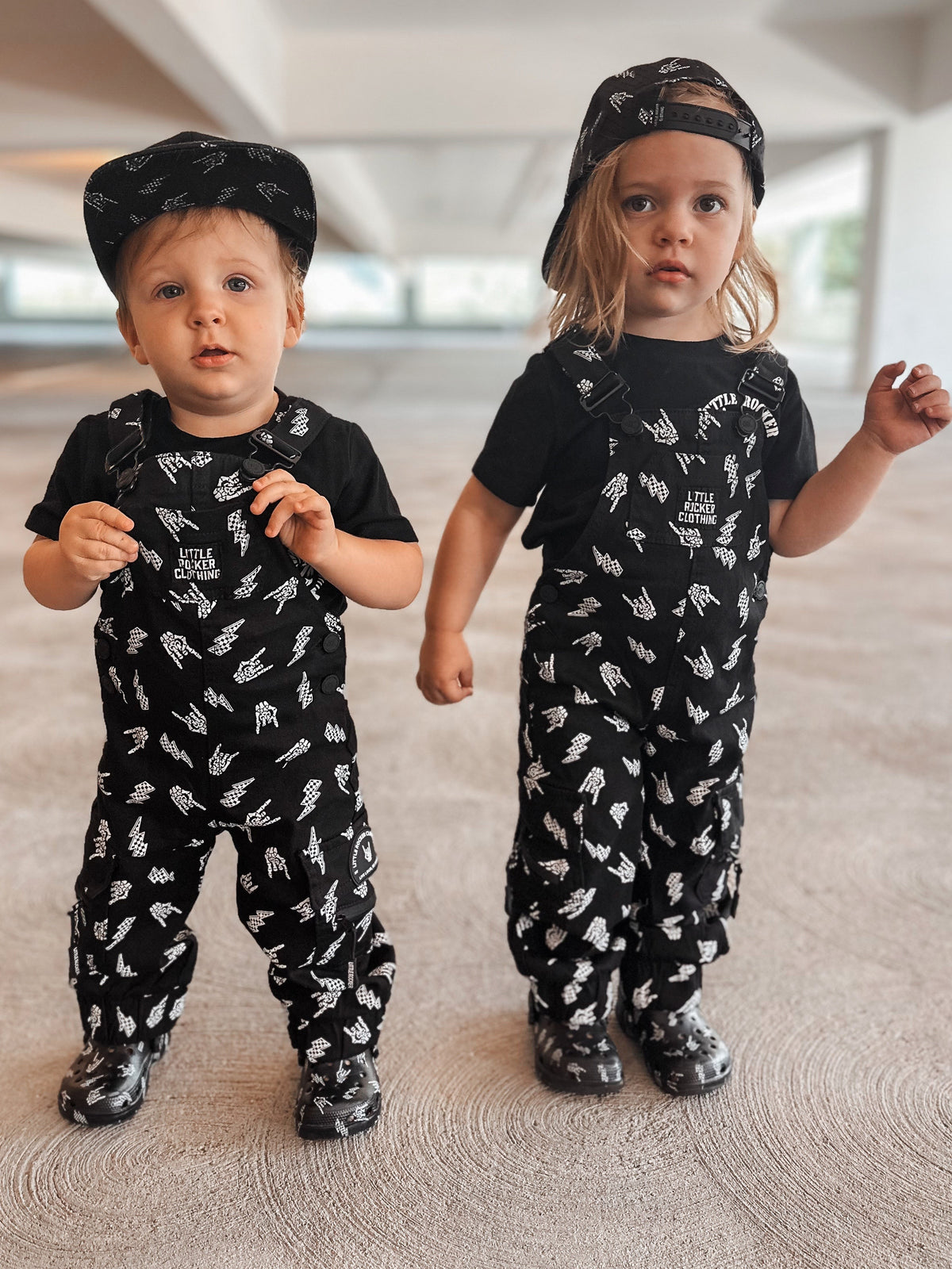 kids black bolted bones overalls with lightning bolt and rock hand print matching outfits toddler streetwear little rocker clothing
