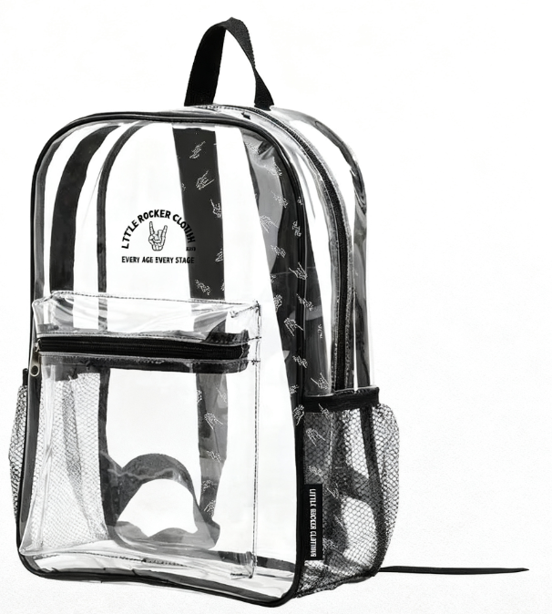 Little Rocker Clothing clear festival approved backpack with spacious main compartment and interior pockets, transparent stadium compliant bag with adjustable straps, edgy functional accessory for concerts and events