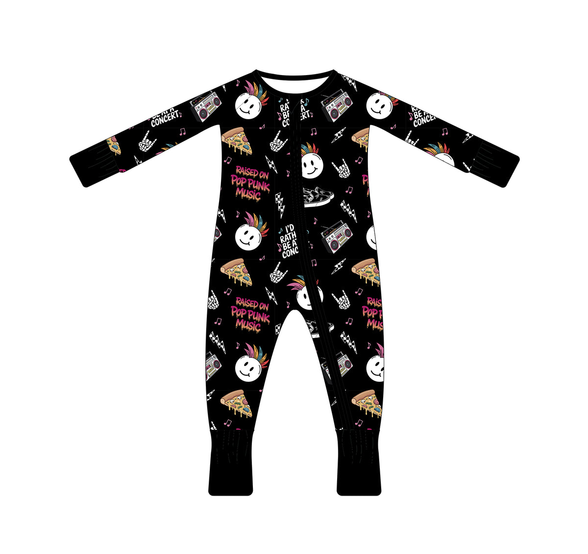 lay flat of pop punk collage pattern long sleeve zip up bamboo pajamas for kids