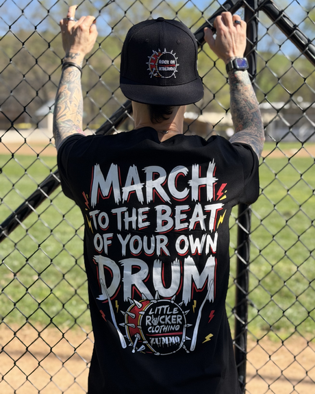 Frank zummo wearing the collab shirt from little rocker clothing