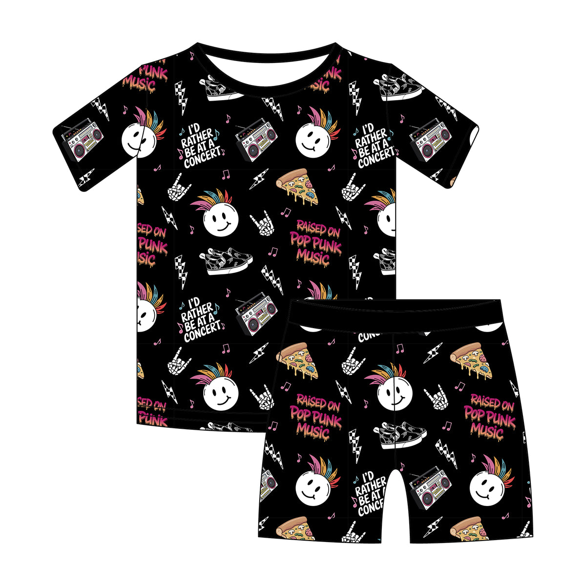 lay lat of pop punk collage pattern 2 piece short bamboo pajamas for kids