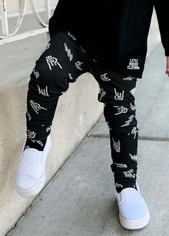 close up of bolted bones black leggings for kids from little rocker clothing