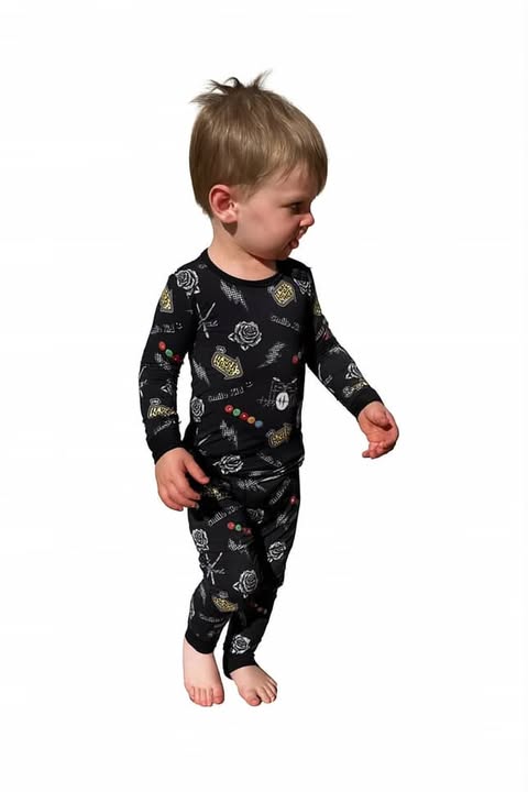 toddler boy wearing emo nights pattern 2 piece bamboo pajamas long sleeve for kids