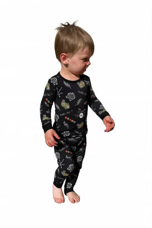 toddler boy wearing emo nights pattern 2 piece bamboo pajamas long sleeve for kids