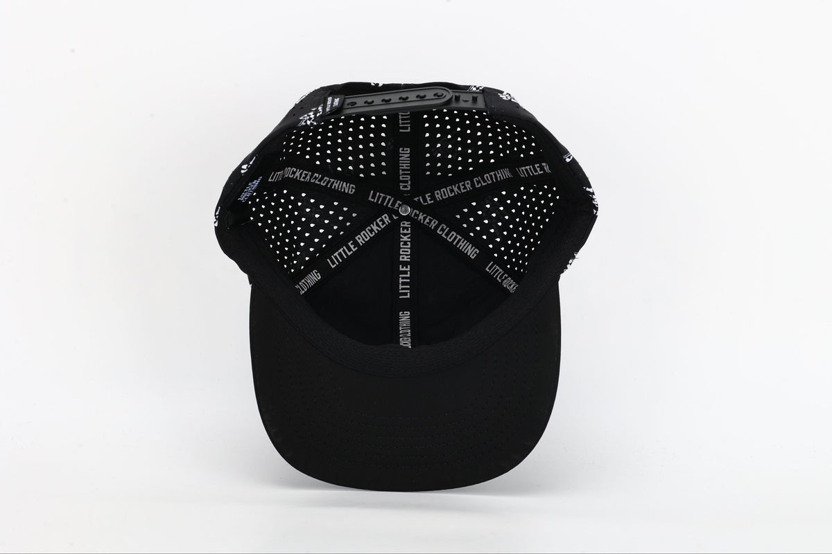 inside black snapback hat with allover bolted bones lightning bolt and rock hand print little rocker clothing patch flat brim adjustable cap for kids and adults