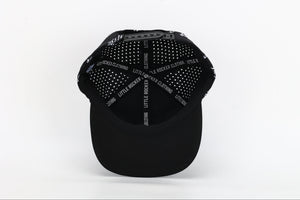 inside black snapback hat with allover bolted bones lightning bolt and rock hand print little rocker clothing patch flat brim adjustable cap for kids and adults