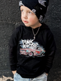 toddler boy wearing black kids graphic t-shirt with classic car and punk roadtrip graffiti style text, little rocker clothing rock style outfit 