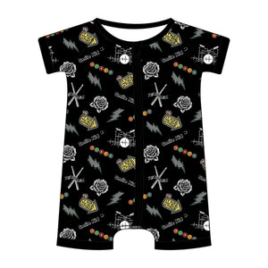 lay flat of emo nights pattern short sleeve zip up pajamas for kids