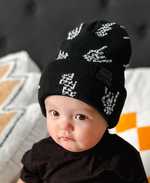 infant wearing bolted bones pattern black beaning for kids from little rocker clothing