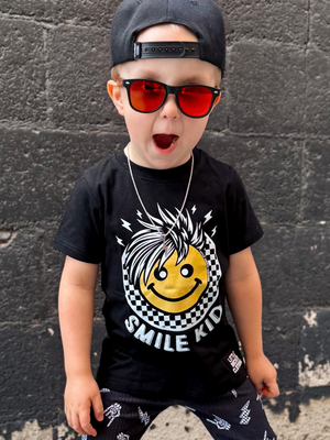 black kids graphic t-shirt with yellow smiley face and smile kid, little rocker clothing rock style outfit for toddlers and kids 