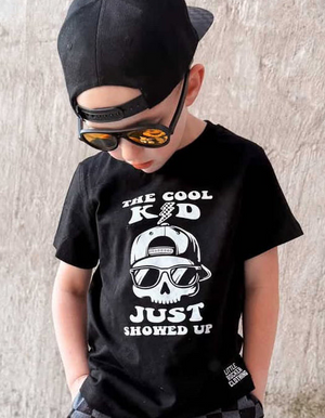 black kids graphic t-shirt with the cool kids just showed up, little rocker clothing rock style outfit for toddlers and kids 