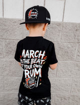 Frank Zummo Collab shirt featuring march to the beat of your own drum, rocker inspired graphic tee with soft comfortable fit, oversized style available in kids infant onesie up to 