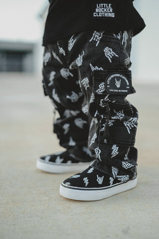 young boy black baggy denim jeans with lightening bolts from little rocker clothing