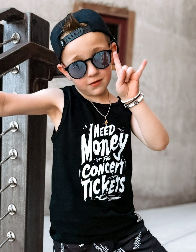 kids graphic tank top that says need money for concert tickets black rocker style sleeveless shirt for kids summer outfit sizes toddler to youth