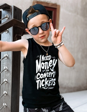 kids graphic tank top that says need money for concert tickets black rocker style sleeveless shirt for kids summer outfit sizes toddler to youth