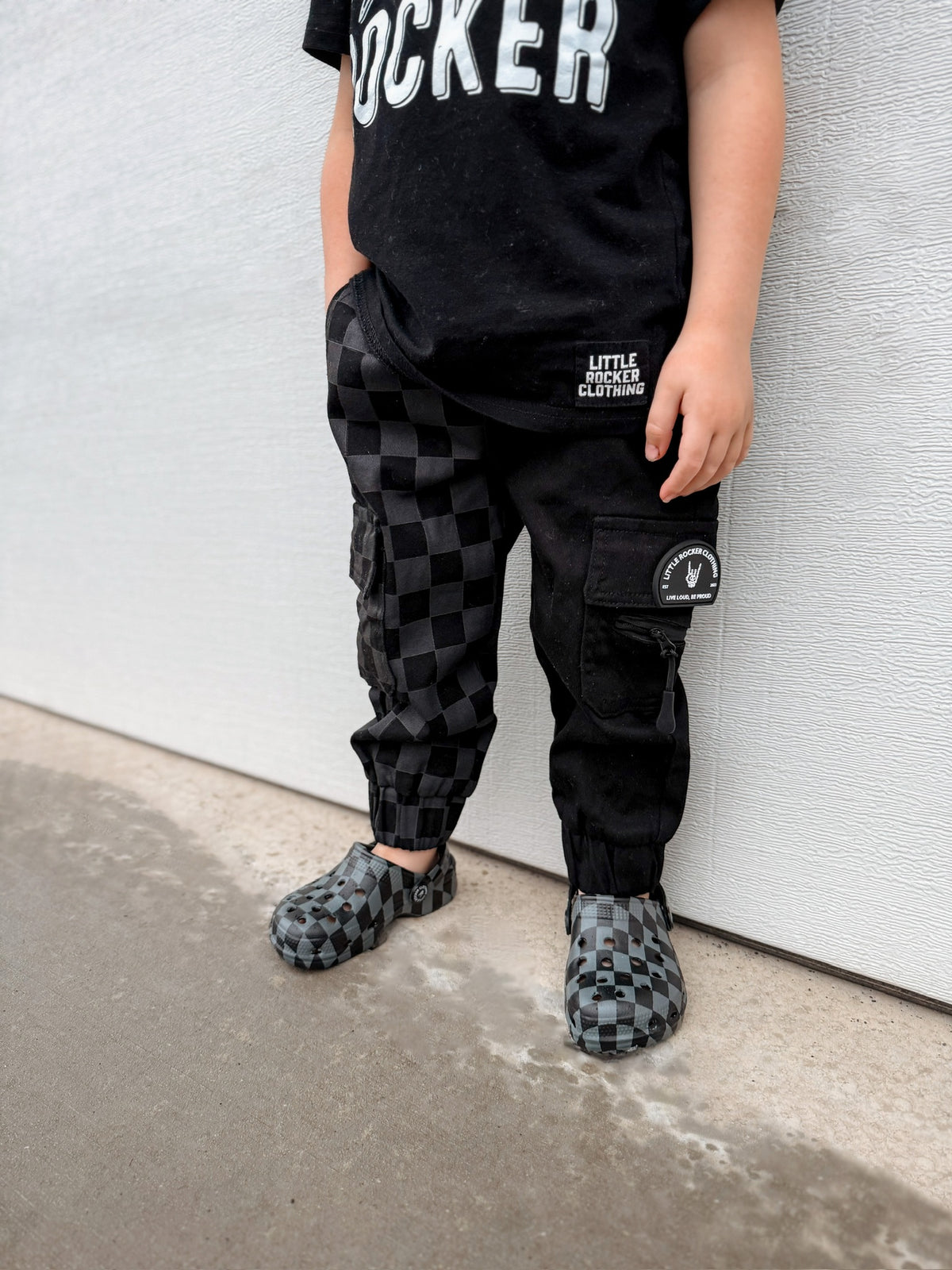 kids half black half checkered cargo joggers black streetwear pants with cargo pockets rocker style toddler to youth sizes little rocker clothing
