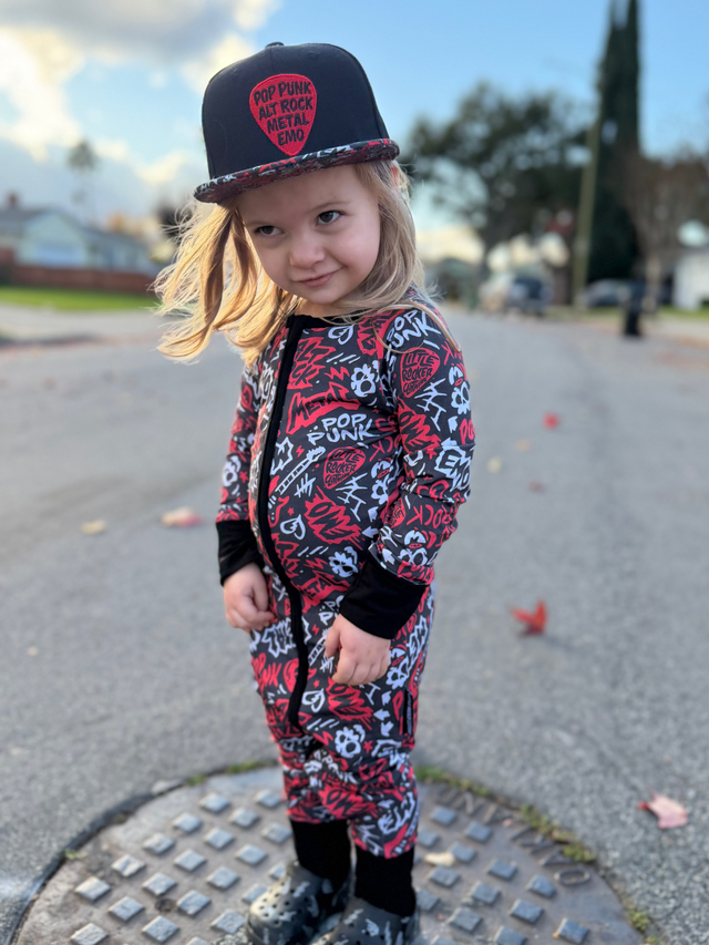 Red and Black bamboo pajama set with long sleeves and full length pants, featuring an edgy rock inspired print, made from ultra soft breathable bamboo fabric with a stretchy comfortable fit for babies and kids up to 3T