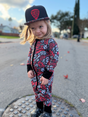 Red and Black bamboo pajama set with long sleeves and full length pants, featuring an edgy rock inspired print, made from ultra soft breathable bamboo fabric with a stretchy comfortable fit for babies and kids up to 3T