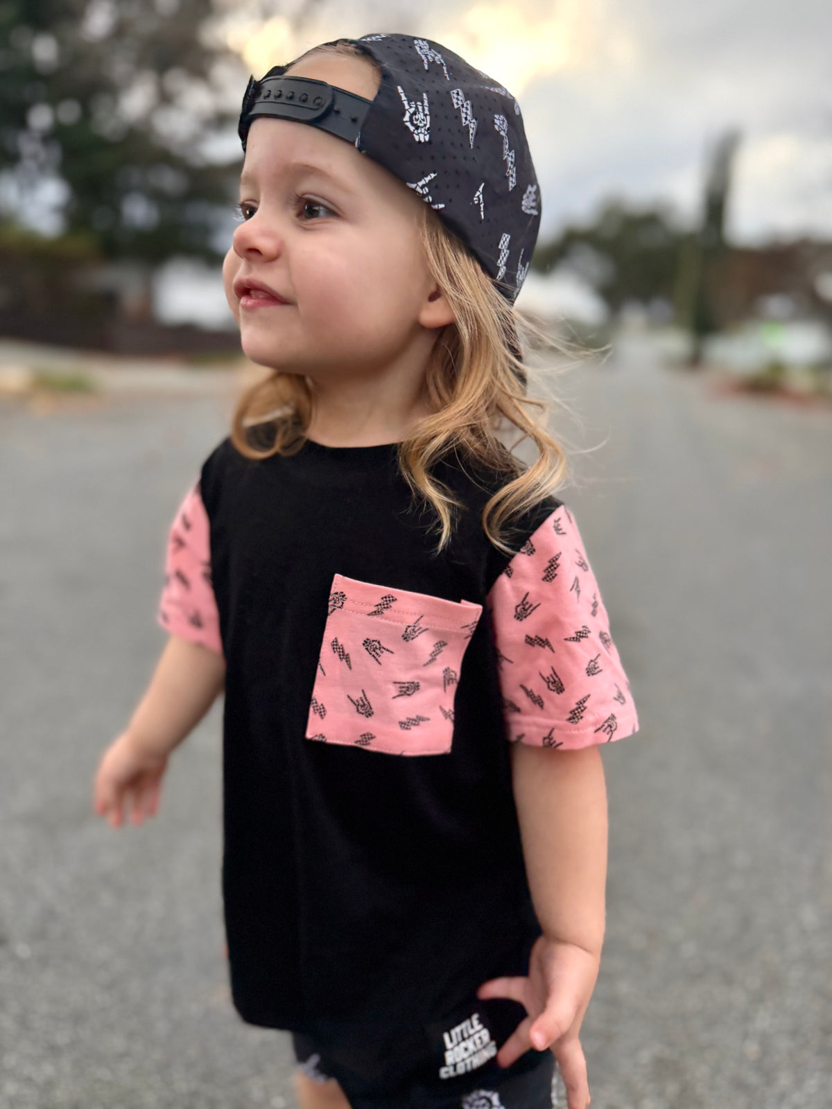 Kids streetwear tshirt the pink bolted bones pocket tee, a rocker style kids tee with soft comfortable fit, available from kids 6mo to 10/12