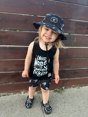kids graphic tank top that says need money for concert tickets black rocker style sleeveless shirt for kids summer outfit sizes toddler to youth paired with the little rocker clothing bucket hat
