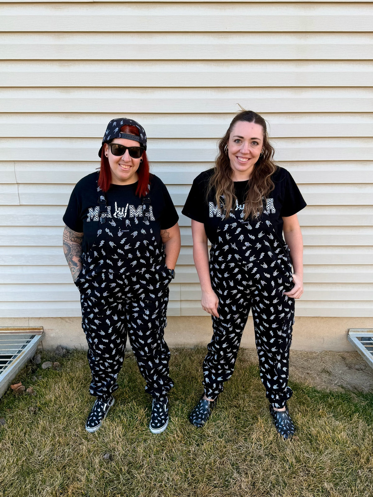 black bolted bones overalls for adults shown with matching kids outfit styled for edgy outfits and everyday wear