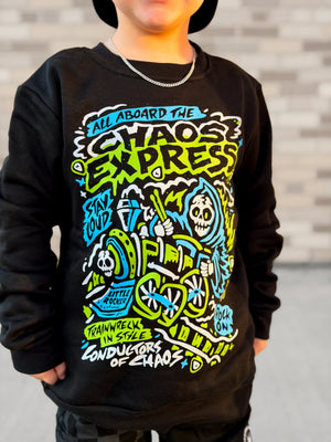 Close up of Kids black Scene Sampler crew neck sweatshirt featuring pop punk, emo, and alt rock graphic with train illustration, rocker style kids apparel