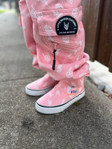 front close up view of the pink bolted bones canvas shoes for kids from little rocker clothing